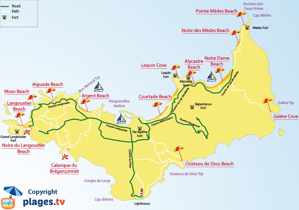 Map of Porquerolles beaches in France