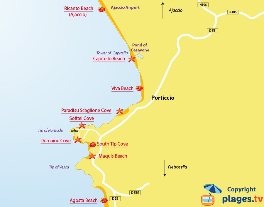 Map of Porticcio beaches in Corsica