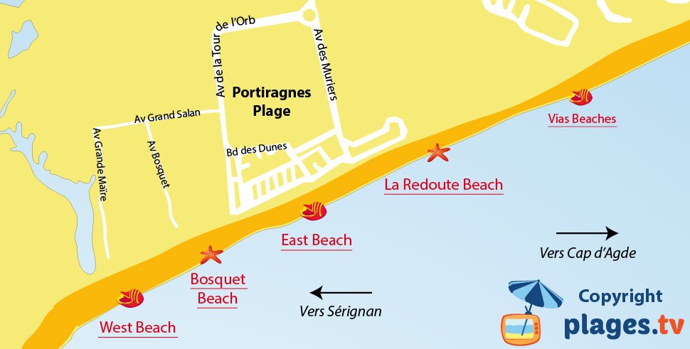 Map of Portiragnes beaches in France