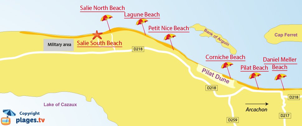 Map of Pyla sur Mer beaches in France