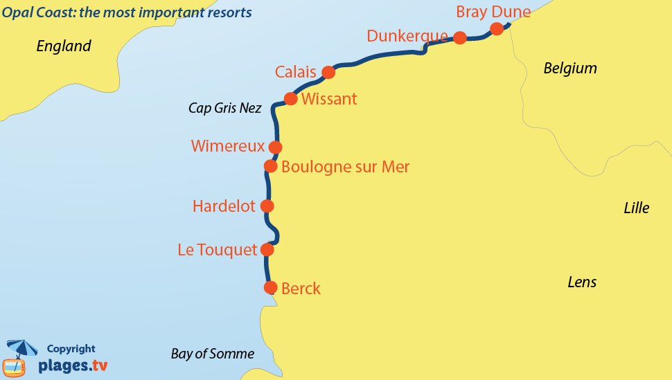 Map of resort of the opal coast in north of France