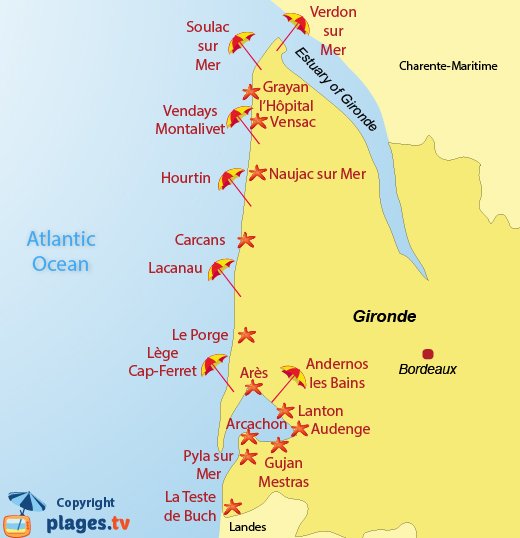 Map of beaches and seaside resort in Gironde in France (Atlantic)