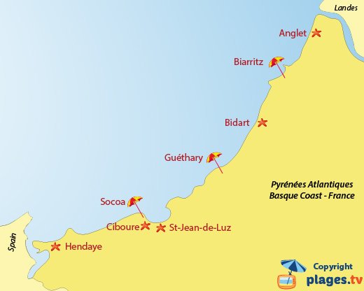 Map of the beaches and seaside resorts in Pyrenees Atlantique in France - Basque coast