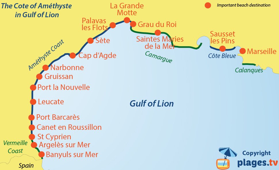 Map of seaside resorts and beaches on Cote d’Amethyste in France