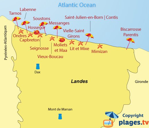 Map of seaside resorts and beaches in Landes department in France