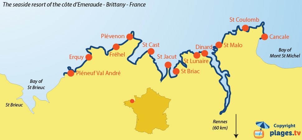 Map of seaside resorts and beaches of the Cote d'Emeraude in Brittany in France