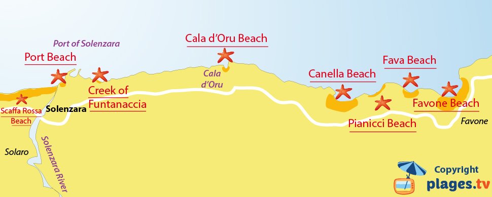 Map of Solenzara beaches in Corsica