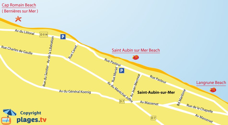 Map of Saint Aubin sur Mer beaches in Normandy