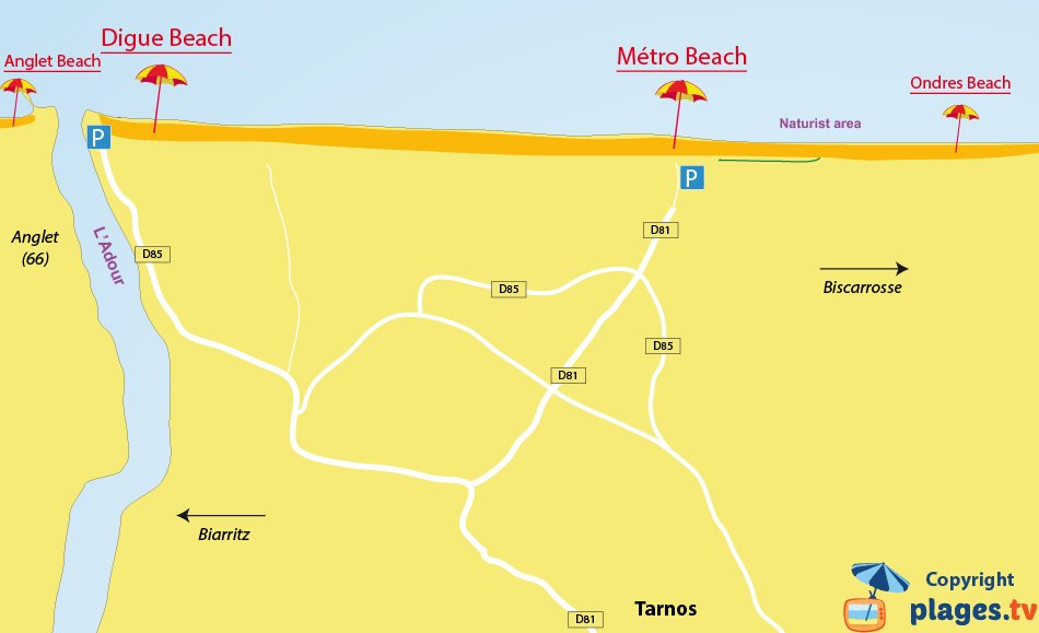 Map of Tarnos beaches in France