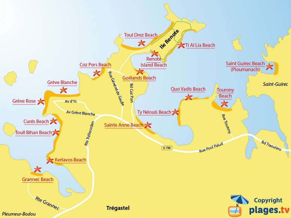 Map of Tregastel beaches in France in Brittany