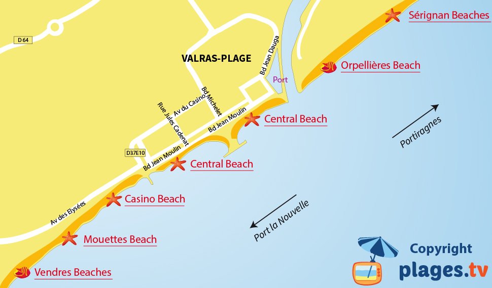 Map of Valras beaches in France