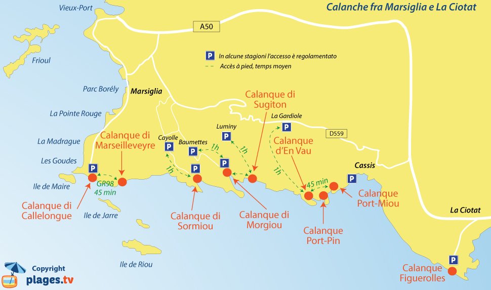 Mappa calanques fra Marsiglia e Cassis in Francia