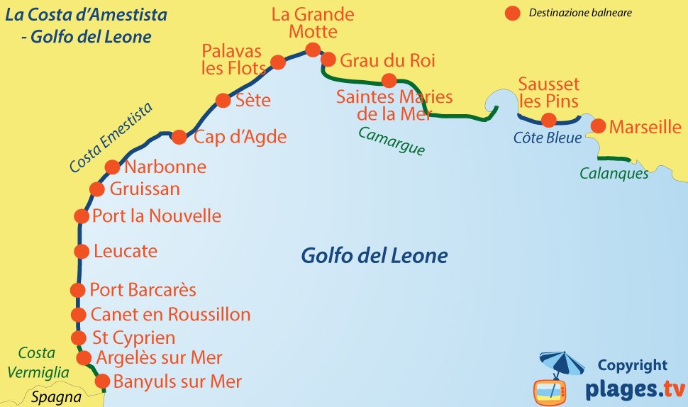 Mappa destinazione balneare nel golfo del Leone in Francia