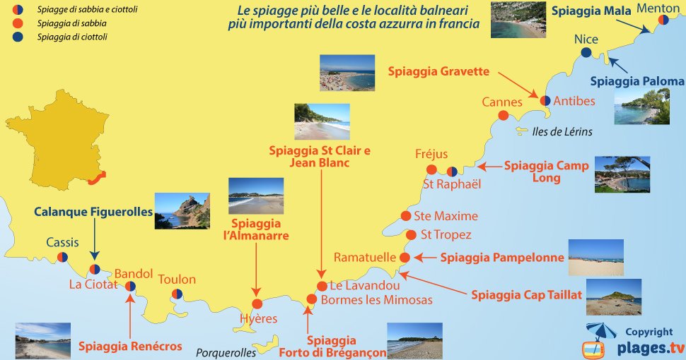 Mappa spiagge più belle e le località balneari più importanti della costa azzurra in francia