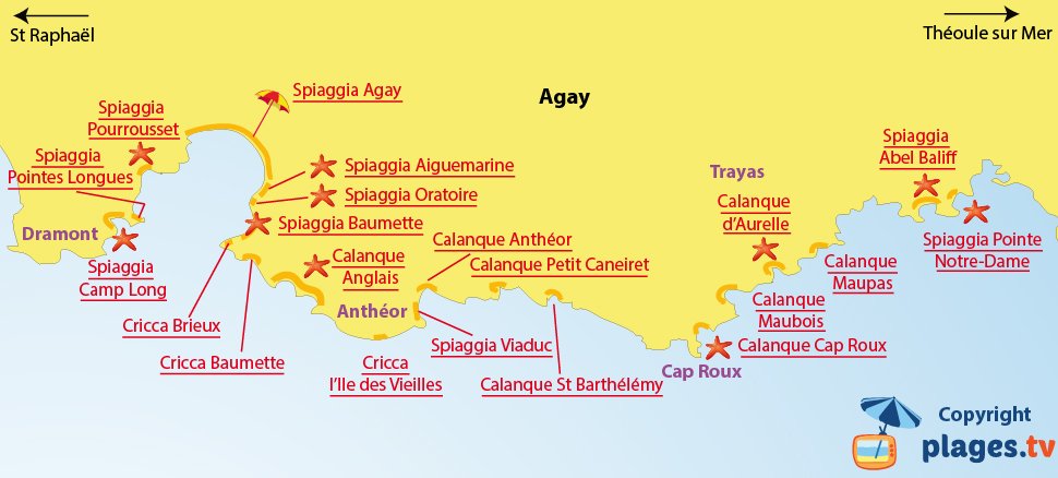 Mappa spiagge a Agay in Francia