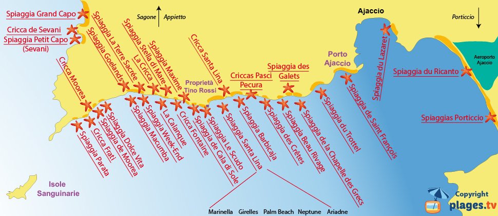 Mappa spiagge Ajaccio - Corsica