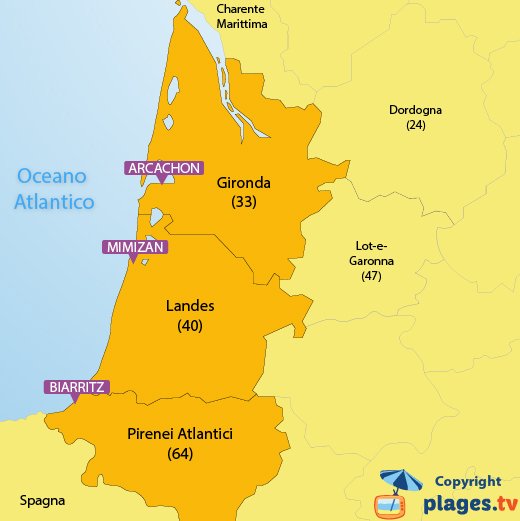 Mappa spiagge e località balneari in Aquitania - Francia