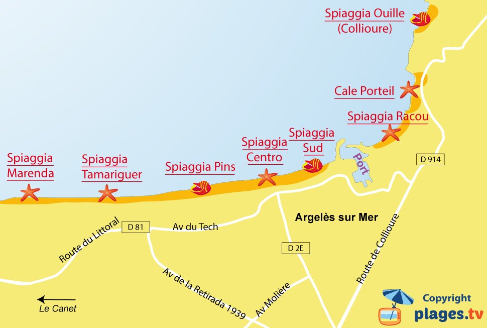 Mappa spiagge a Argeles sur Mer - Francia