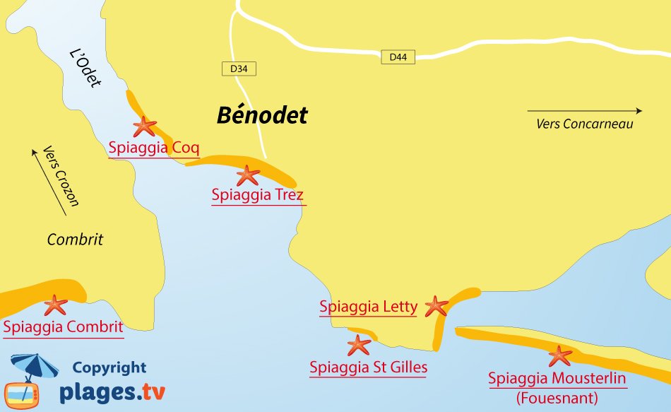 Mappa spiagge di Benodet in Francia