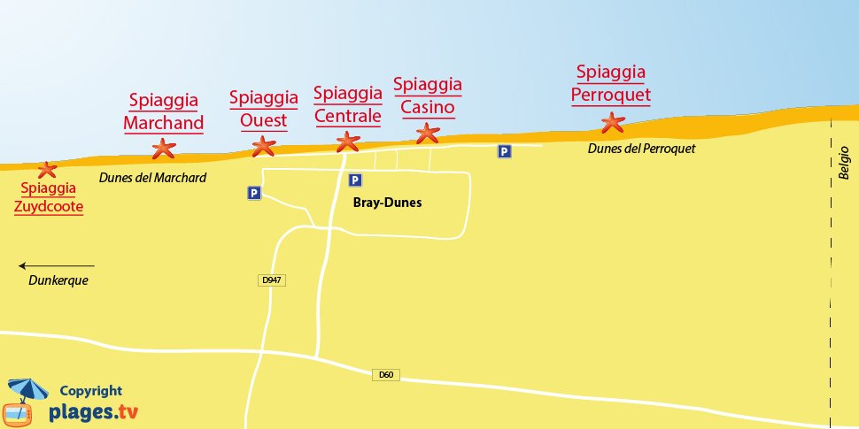 Mappa spiagge di Bray-Dunes in Francia