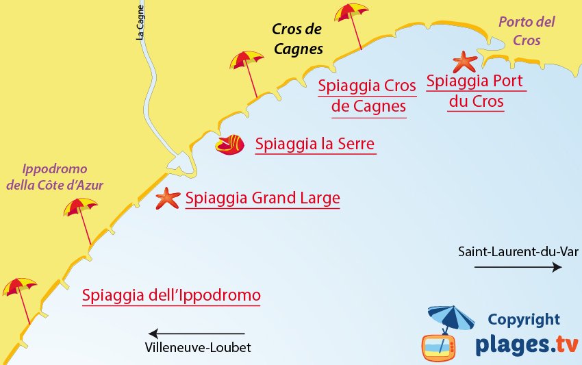 Mappa spiagge di Cagnes sur Mer in Francia