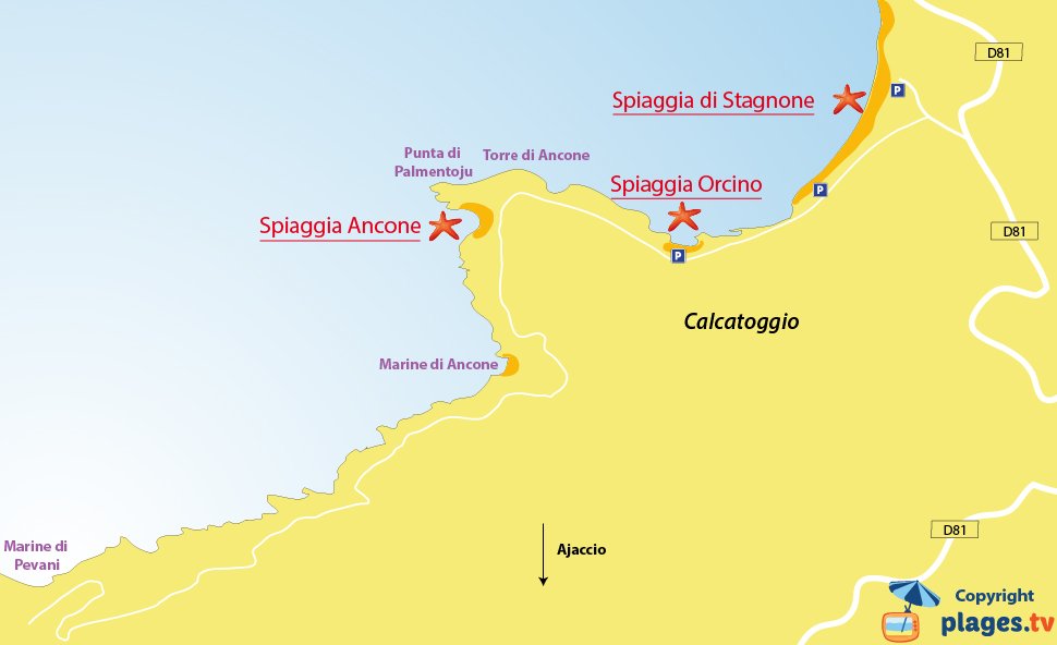 Mappa spiagge di Calcatoggio in Corsica