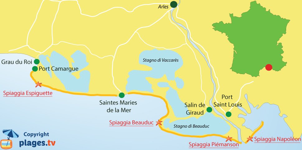 Mappa spiagge di Camargue in Francia