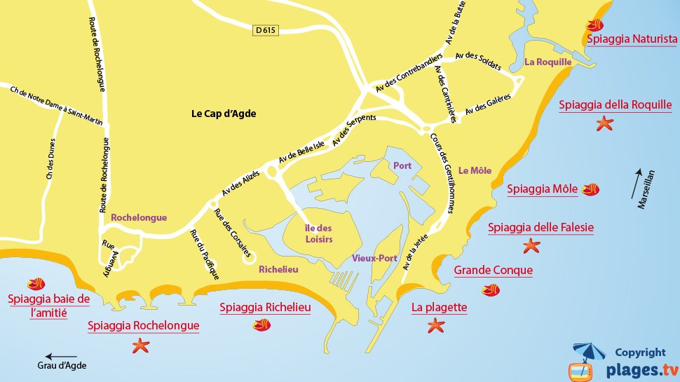 Mappa spiagge del Cap d'Agde - Francia