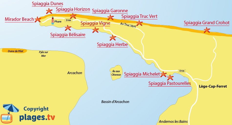 Mappa spiagge di Cap Ferret - Francia - Bacino d’Arcachon