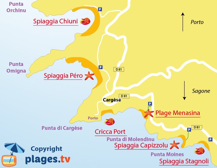 Mappa spiagge di Cargese in Corsica