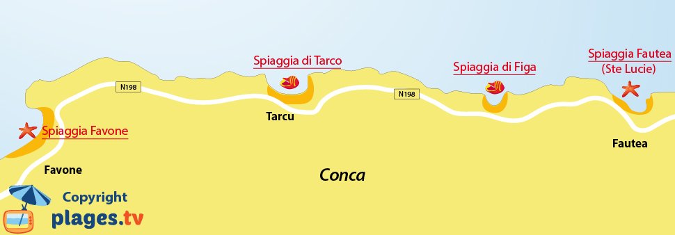 Mappa spiagge di Conca in Corsica