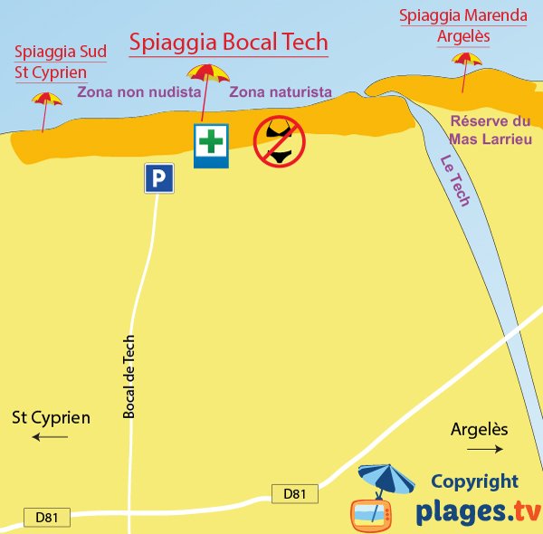 Mappa spiagge di Elne, Saint-Cyprien e Argelès - Francia