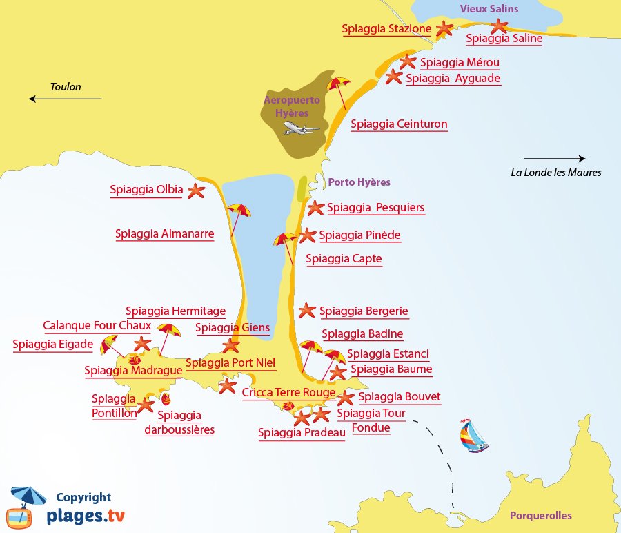 Mappa spiagge di Hyères in Francia