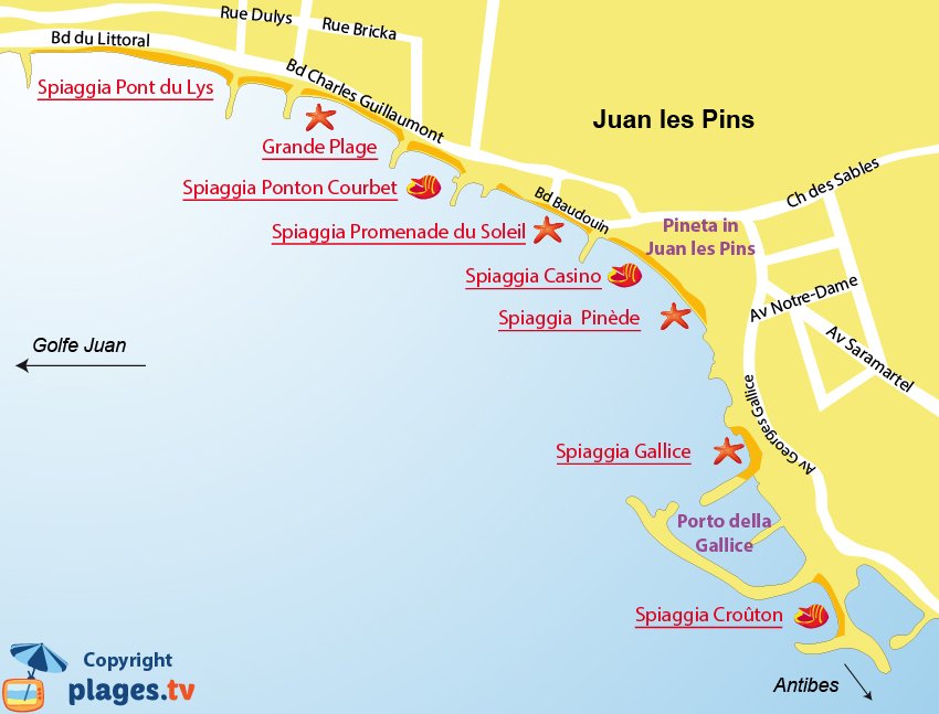 Mappa spiagge di Juan les Pins - Francia