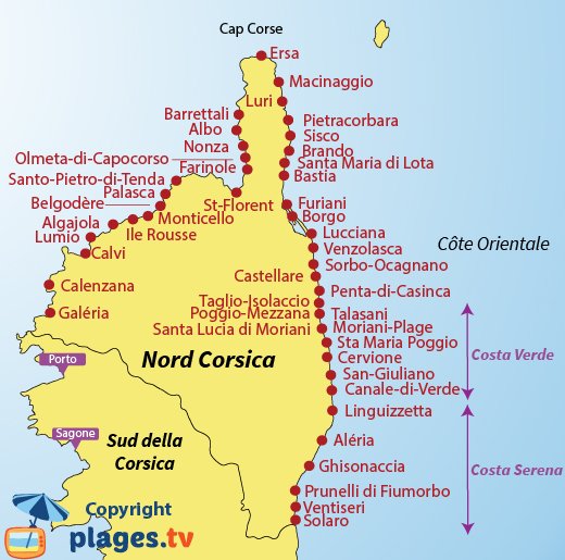 Mappa spiagge del Nord della Corsica