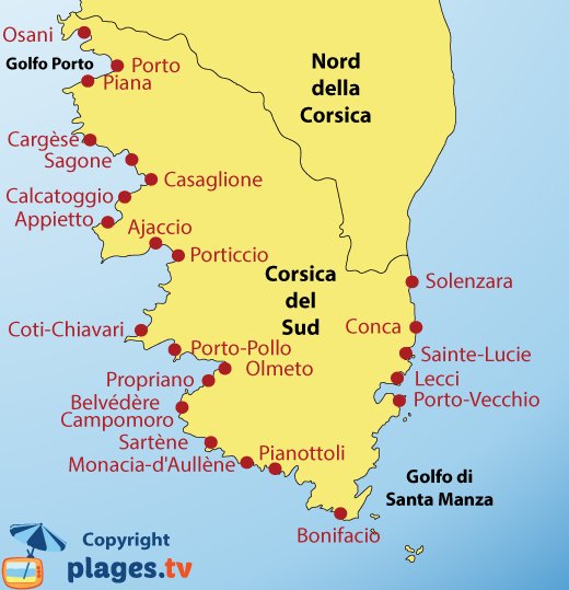 Mappa spiagge Corsica del Sud e località turistiche