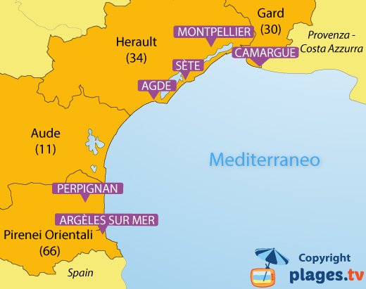 Mappa spiagge e localita balneari del Languedoc Roussillon - Francia