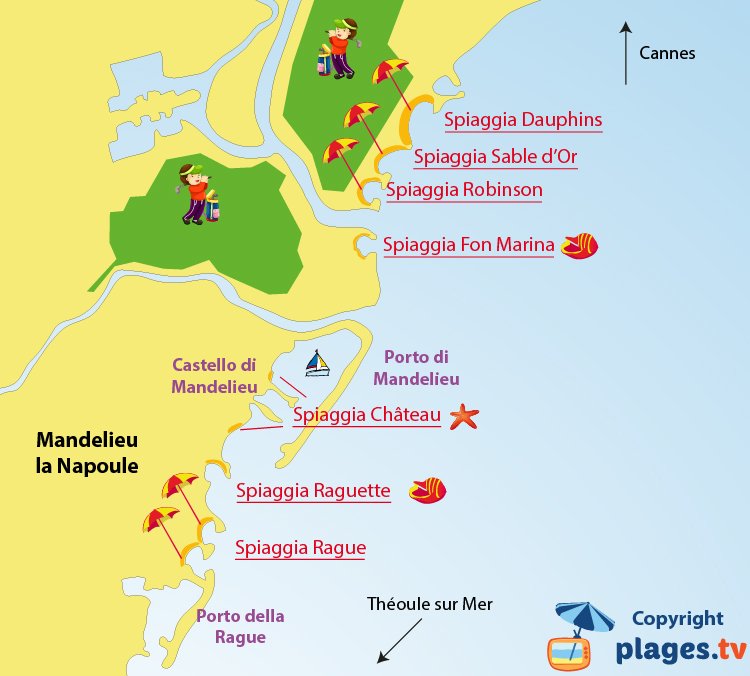 Mappa spiagge di Mandelieu la Napoule in Francia