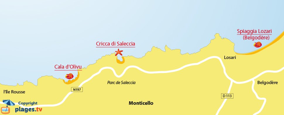 Mappa spiagge di Monticello in Corsica