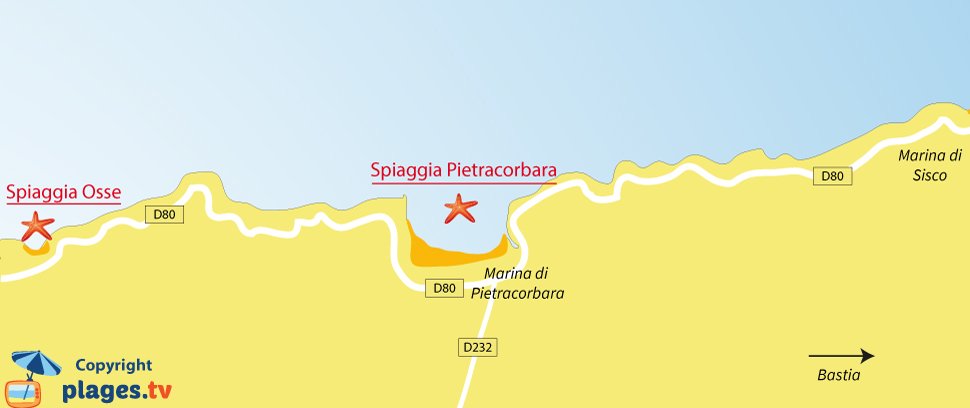 Mappa spiagge di Pietracorbara in Corsica