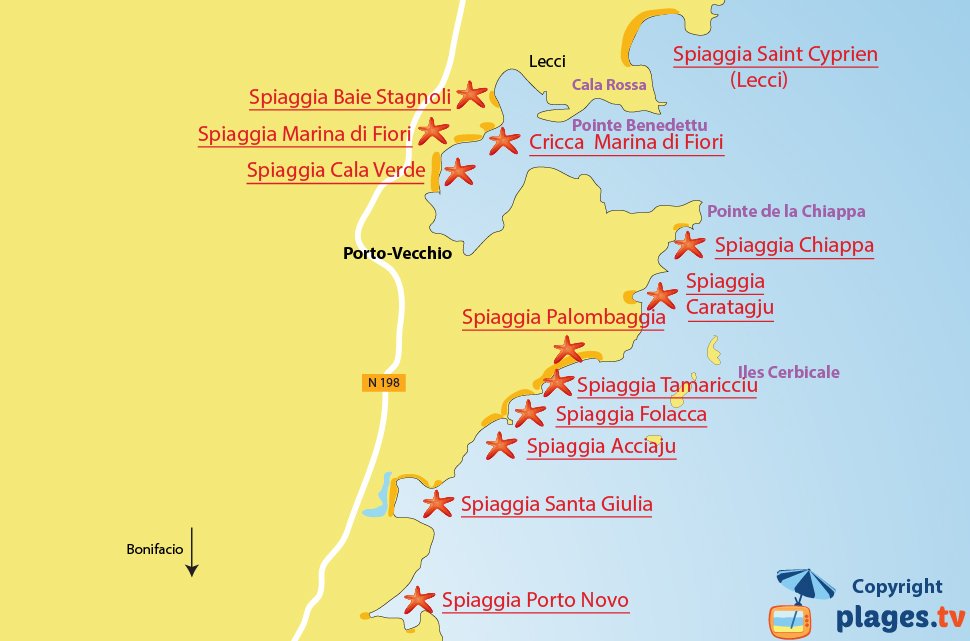 Mappa spiagge a Porto-Vecchio - Corsica