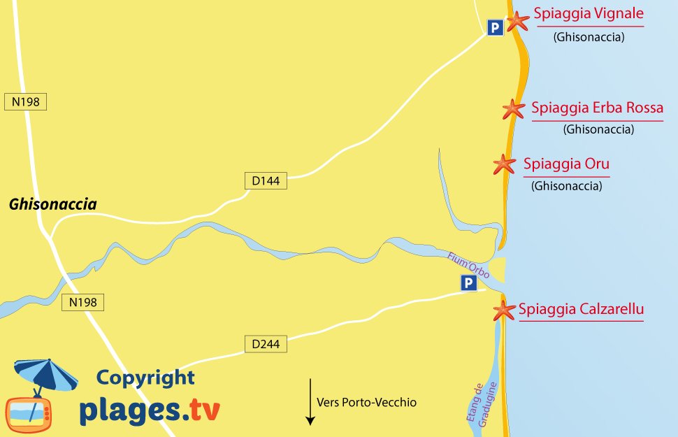 Mappa spiagge di Punelli di Fiumorbo in Corsica