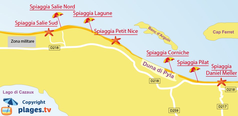 Mappa spiagge di Pyla sur Mer in Francia