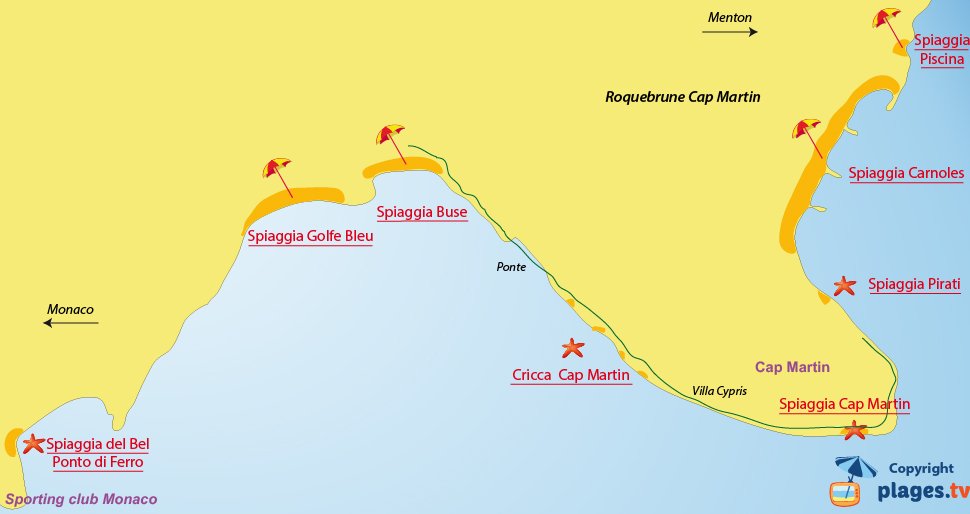 Mappa spiagge di Roquebrune Cap Martin in Francia