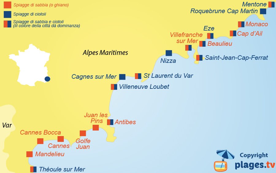 mappa spiagge di sabbia e di ciotoli delle Alpi-Marittime - Francia