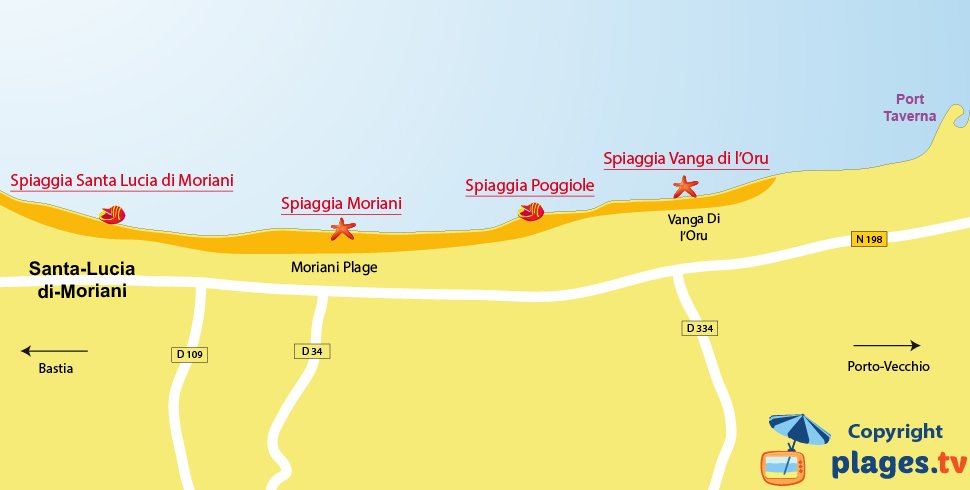 Mappa spiagge di Santa Lucia du Moriani in Corsica