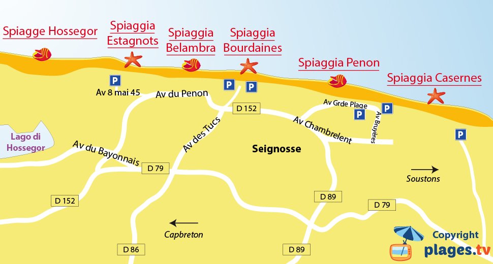 Mappa della spiagge di Seignosse in Francia