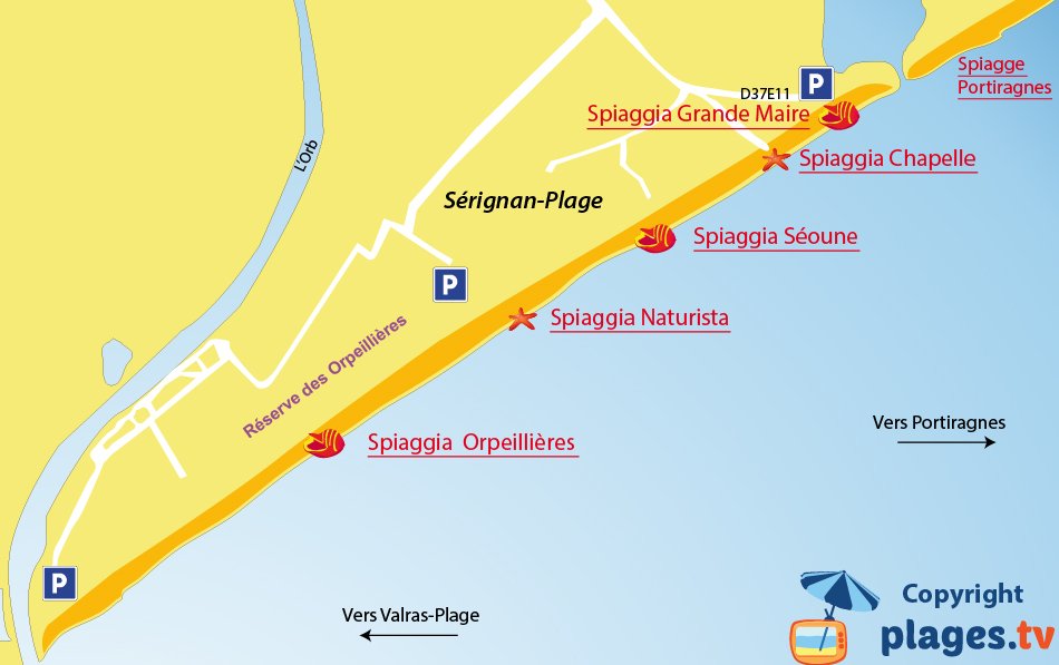 Mappa spiagge di Srignan in Francia