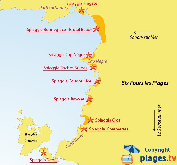 Mappa spiagge di Six Fours les Plages - Francia