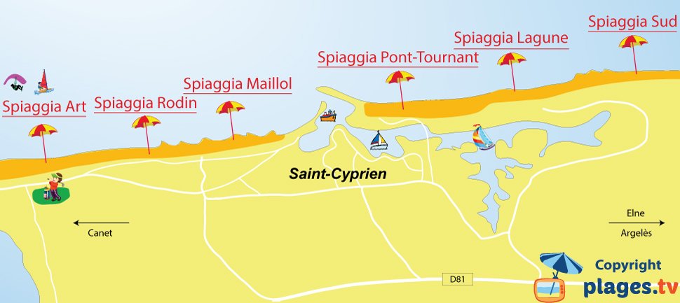 Mappa spiagge di Saint Cyprien in Francia